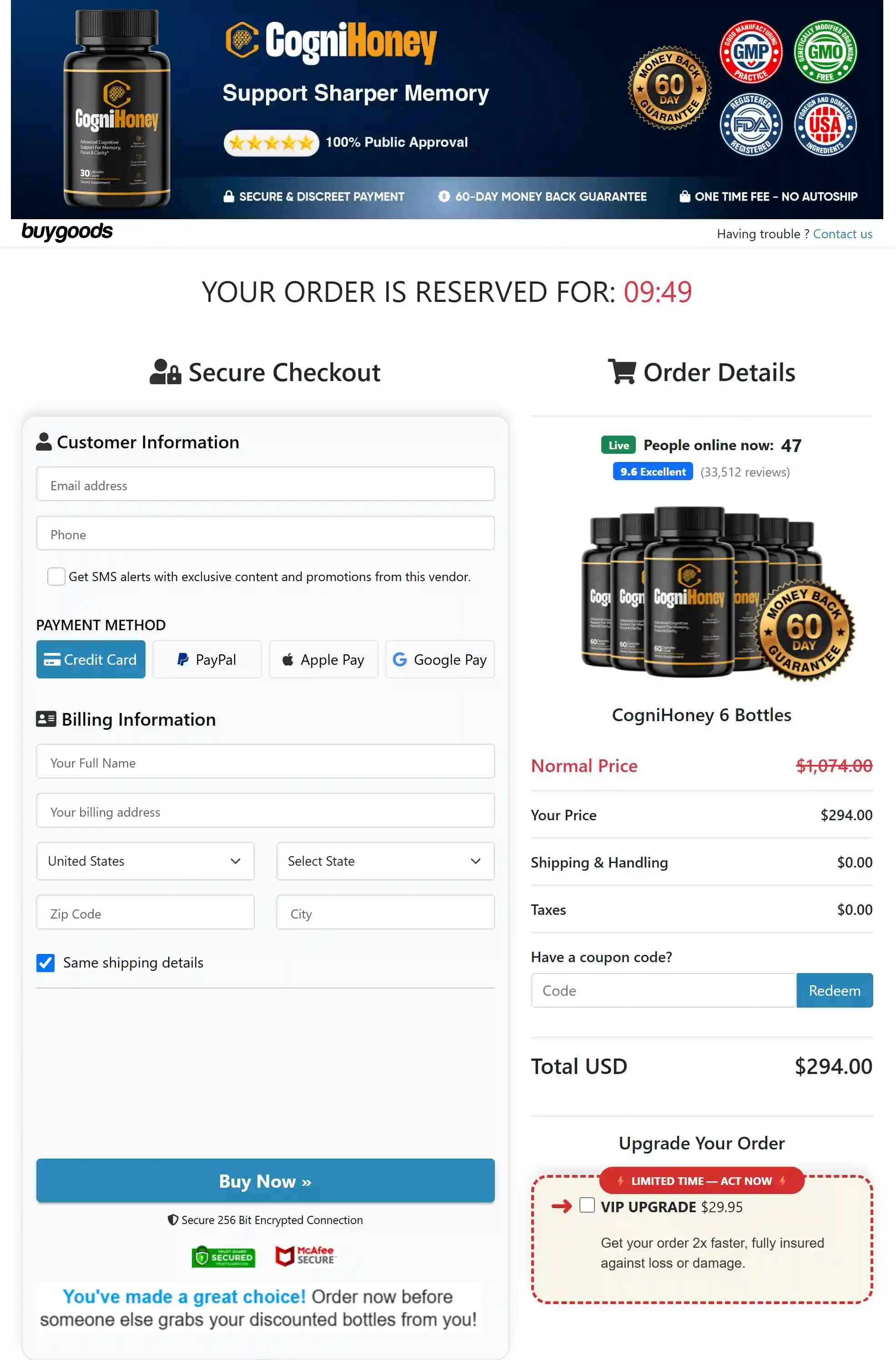 CogniHoney™ checkout page